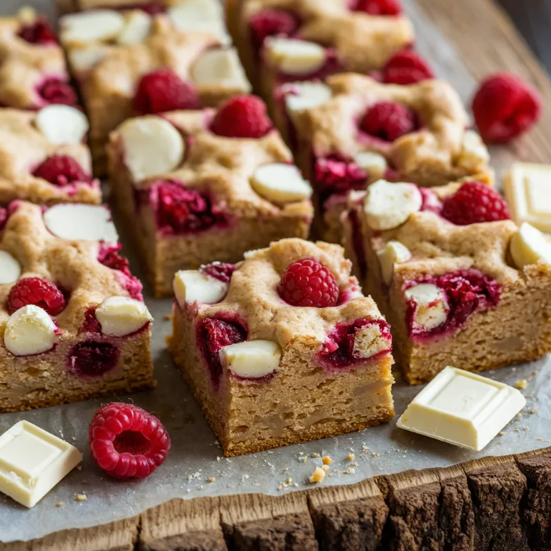 white chocolate blondies with raspberries